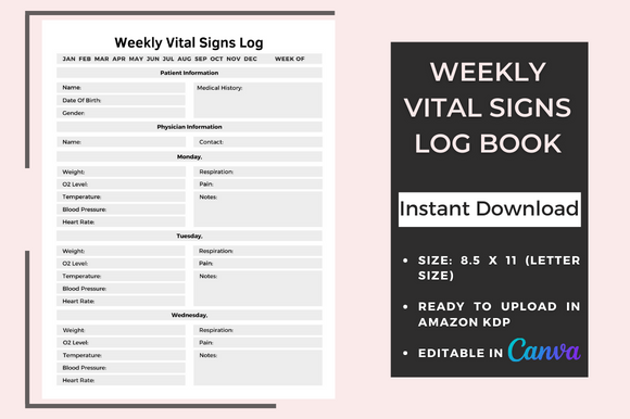Download Weekly Vital Signs Log Book - KDP - Vital Collection